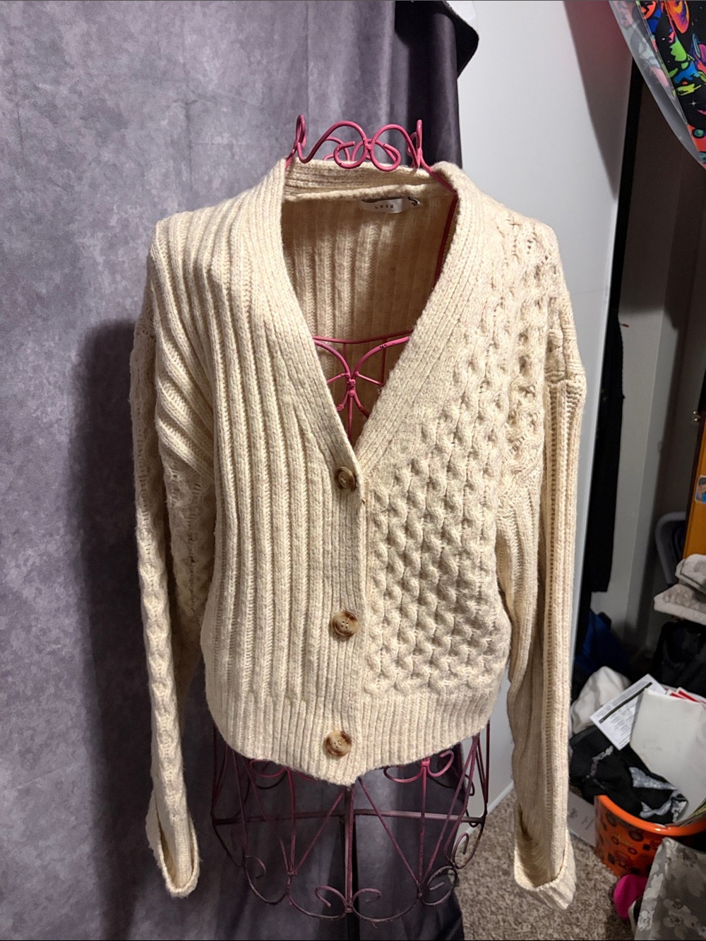 Lush Cream Cable Knit V-Neck Button Cardigan